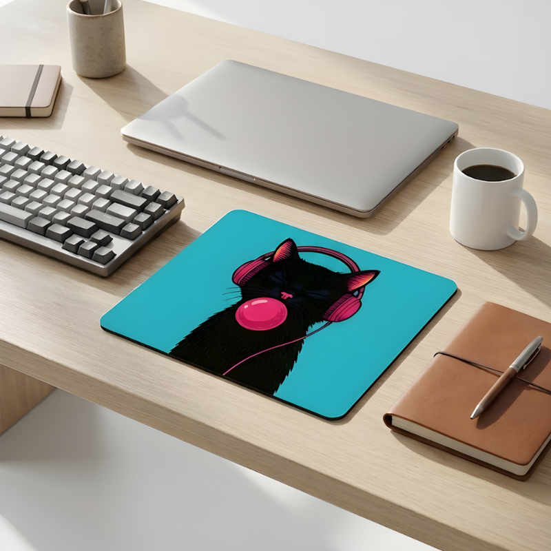 Bubble Cat Desenli Mouse Pad 18x22 cm — Kulaklıklı Kedi Baskılı Kompakt Ofis Mousepad