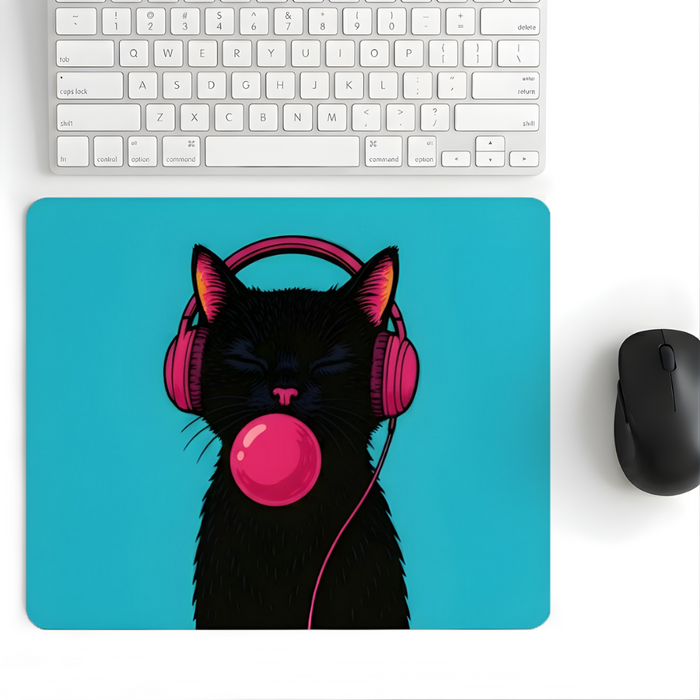 Bubble Cat Desenli Mouse Pad 18x22 cm — Kulaklıklı Kedi Baskılı Kompakt Ofis Mousepad