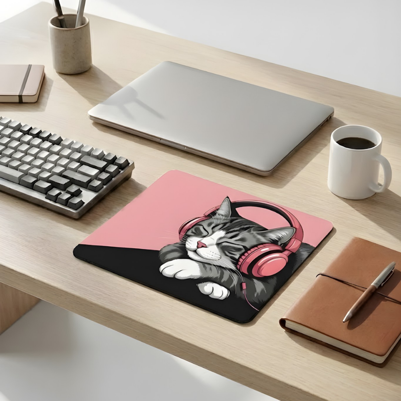 Sleepy Cat Desenli Mouse Pad 18x22 cm — Uyuyan Kedi Baskılı Kompakt Ofis Mousepad
