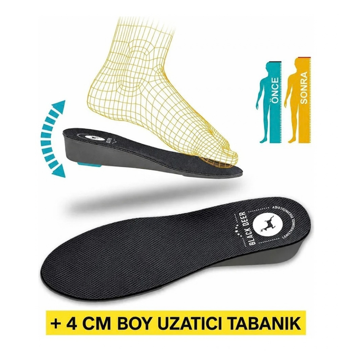 Black Deer 4 cm Boy Uzatan Tabanlık — Sneaker ve Bot İçin Gizli Topuk Yükseltici (Siyah)