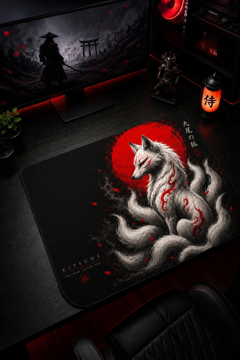 Kitsune 50x40 cm Oyuncu Mouse Pad — Dikişli Kenar, Kaymaz Kauçuk Taban