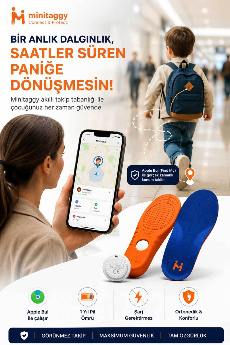 Minitaggy Çocuk Takip Tabanlığı — iPhone Bul (Find My) Uyumlu Görünmez Akıllı Tabanlık