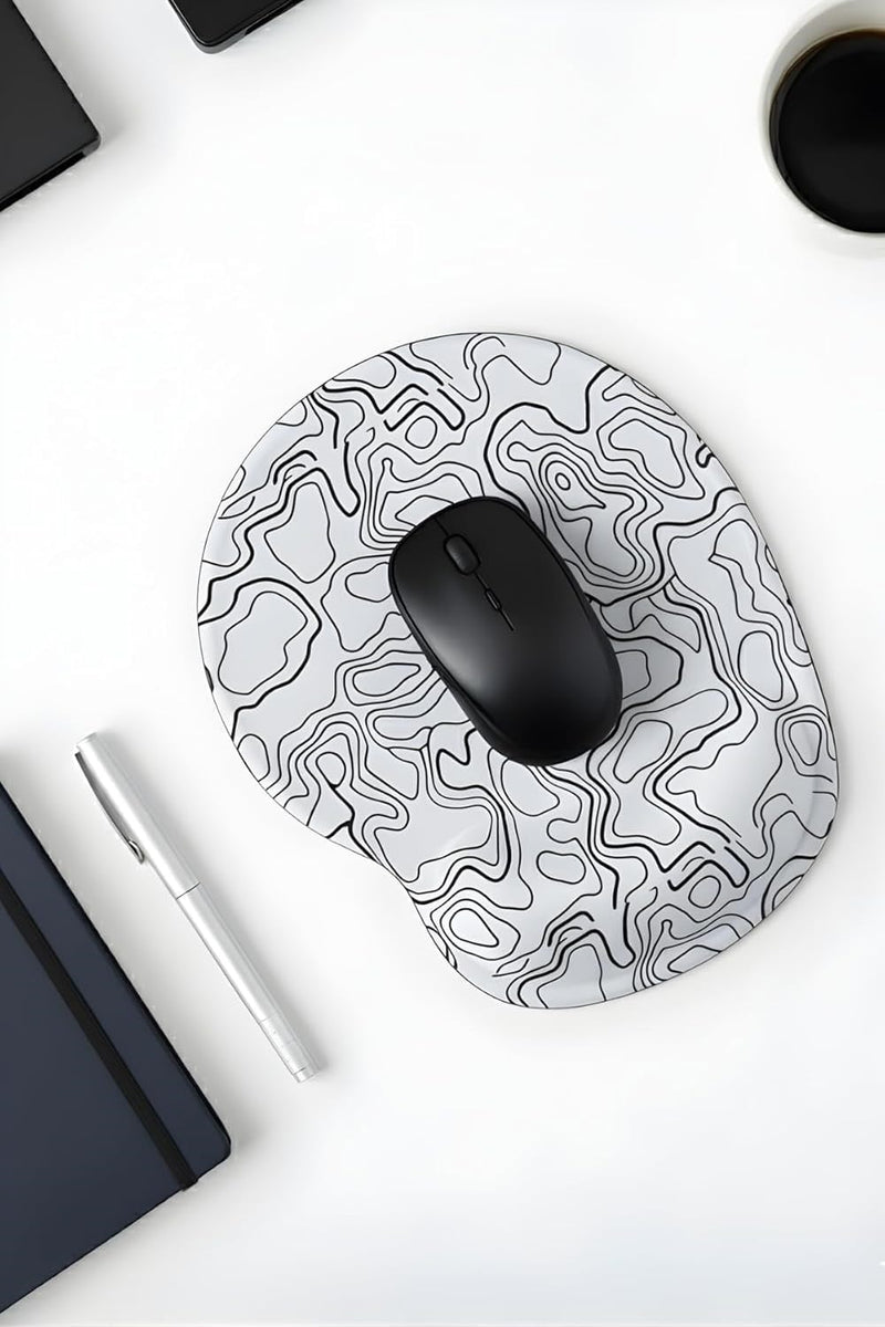 Bilek Destekli Mouse Pad — Yuvarlak Hatlı, Topografik Desenli Ergonomik Mousepad (Beyaz)