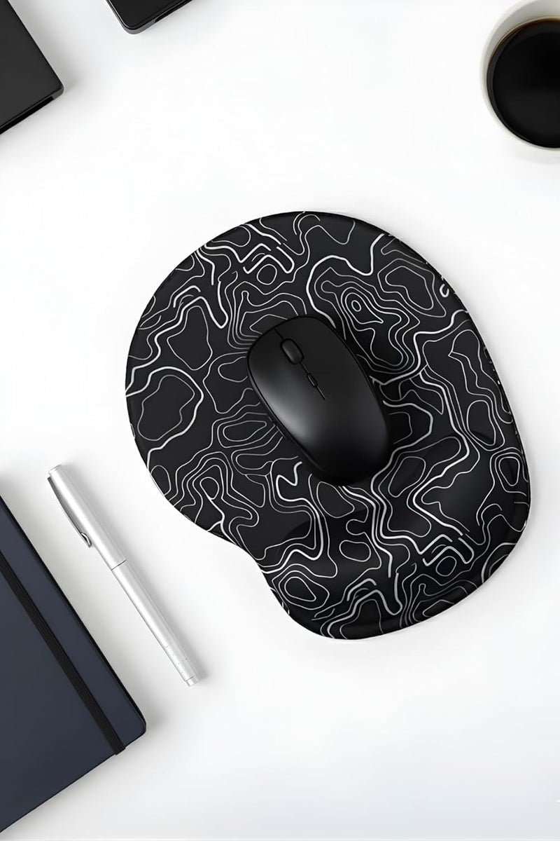 Bilek Destekli Mouse Pad — Yuvarlak Hatlı, Topografik Desenli Ergonomik Mousepad (Siyah)