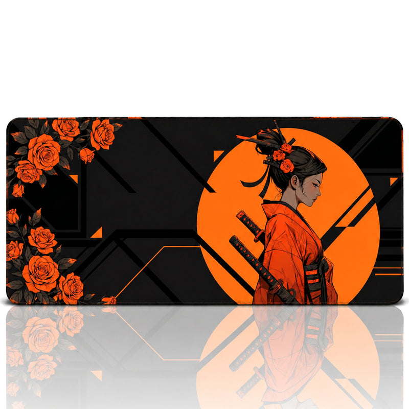 Orange Rosakiri 70x30 cm Oyuncu Mouse Pad — Turuncu Güneş ve Kimonolu Samuray Kız Desenli, XL Gaming Mousepad, Kauçuk Taban, Dikişli Kenar