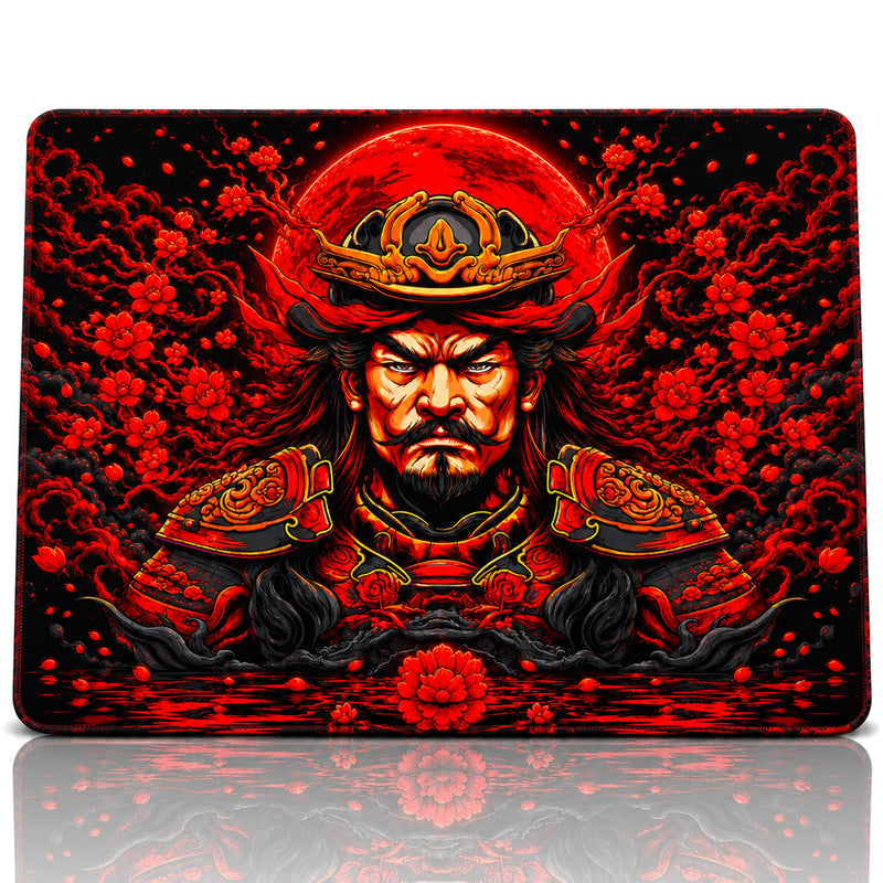 Shogun 50x40 cm Oyuncu Mouse Pad — Kırmızı Zırhlı Şogun Desenli, Kauçuk Taban, Dikişli Kenar