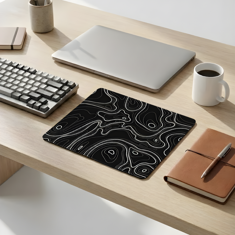 Siyah Typography desenli mouse pad yakın çekim