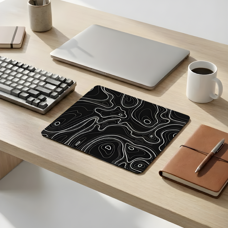 Siyah Typography Desenli Mouse Pad 18x22 cm — Topografik Çizgi Desenli Kompakt Ofis Mousepad