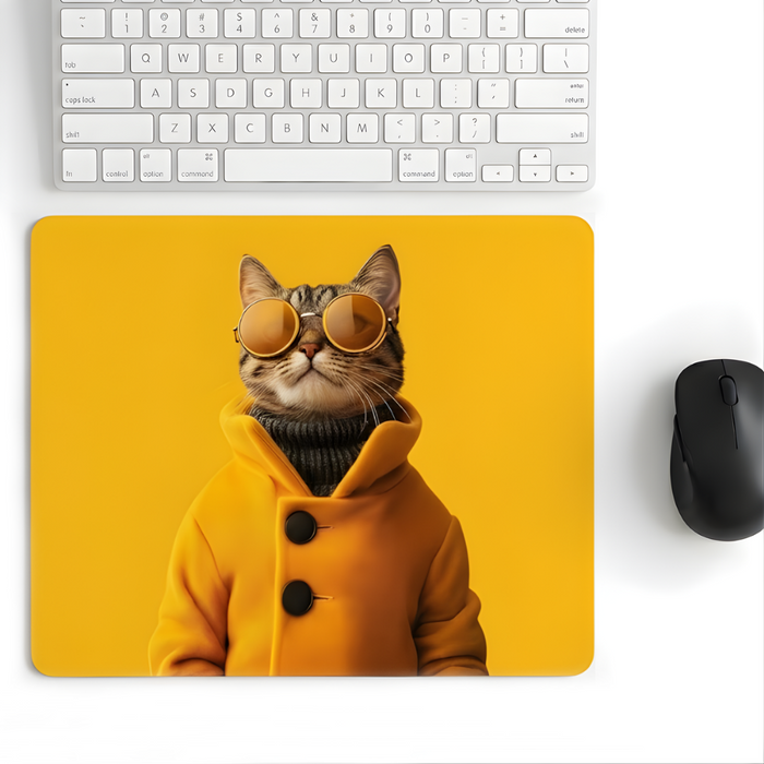 Golden Cat Desenli Mouse Pad 18x22 cm — Gözlüklü Kedi Baskılı Kompakt Ofis Mousepad