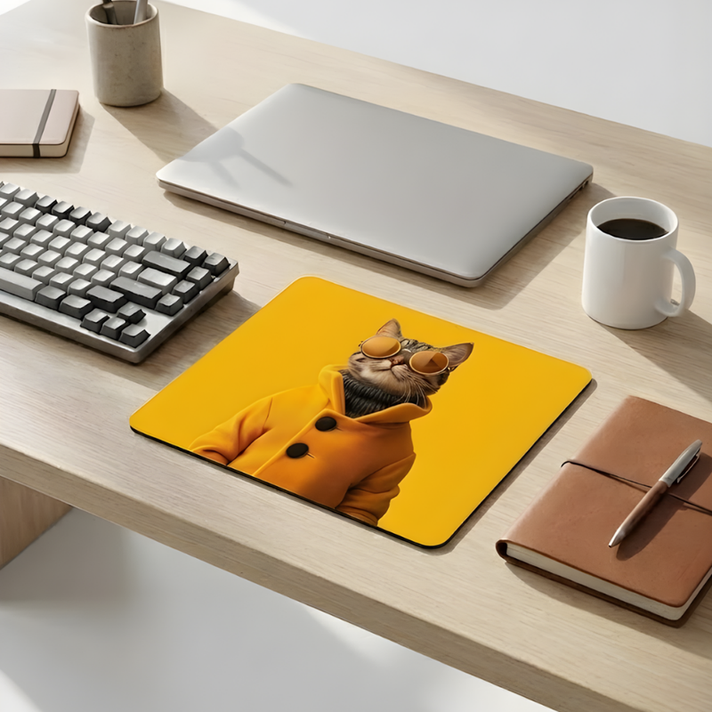 Golden Cat Desenli Mouse Pad 18x22 cm — Gözlüklü Kedi Baskılı Kompakt Ofis Mousepad