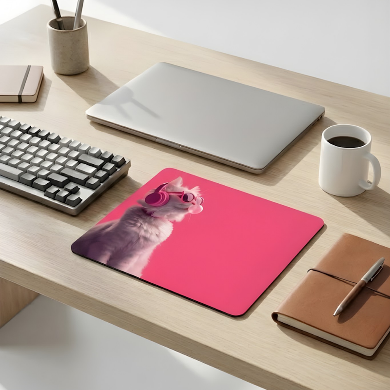 Pink Vibes Cat Desenli Mouse Pad 18x22 cm — Pembe Kedili Kompakt Ofis Mousepad