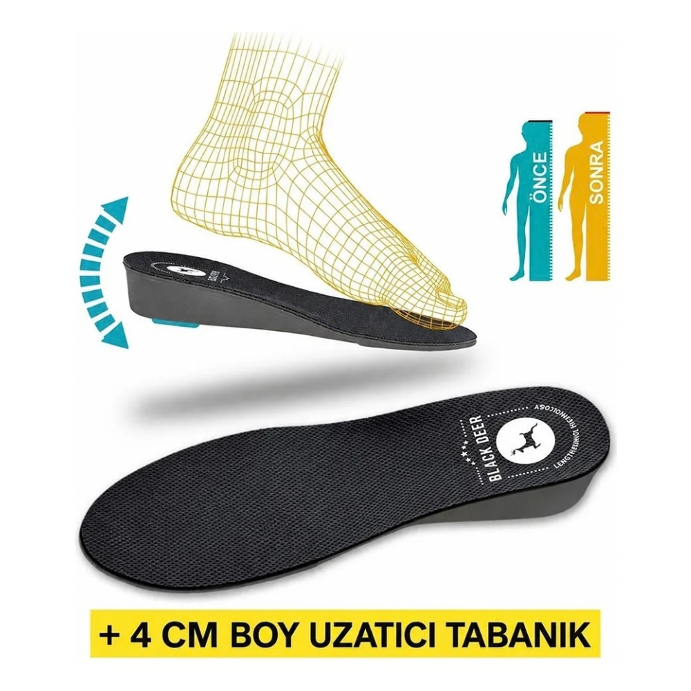 Black Deer 4 cm Boy Uzatan Tabanlık — Sneaker ve Bot İçin Gizli Topuk Yükseltici (Siyah)