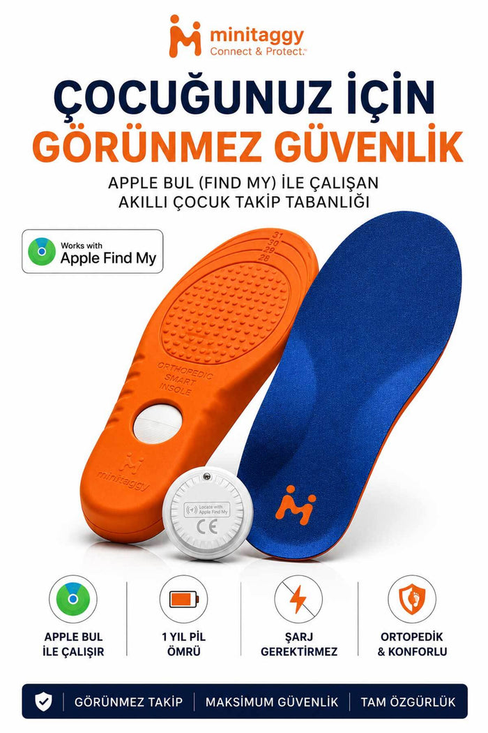 Minitaggy Çocuk Takip Tabanlığı — iPhone Bul (Find My) Uyumlu Görünmez Akıllı Tabanlık