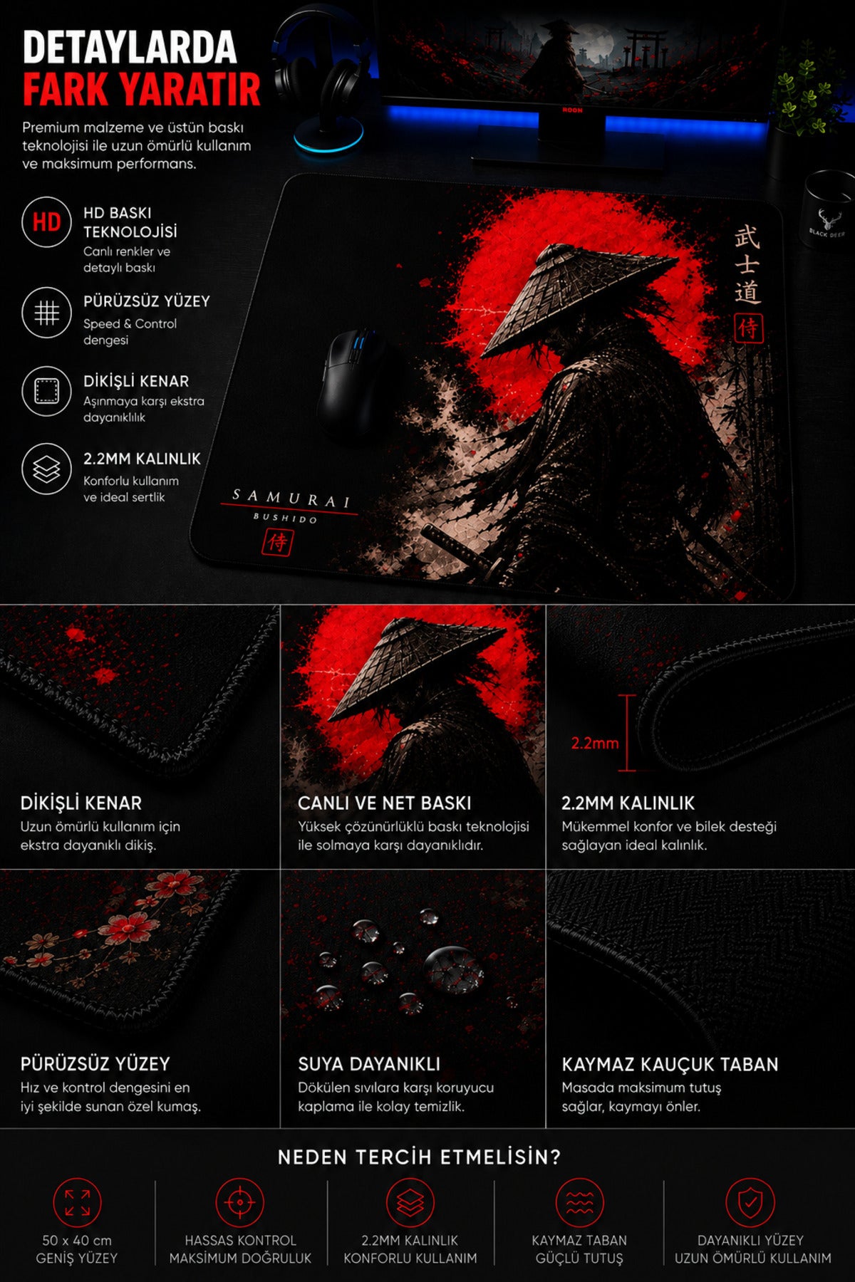 Samurai 50x40 cm oyuncu mouse pad detay görseli 2