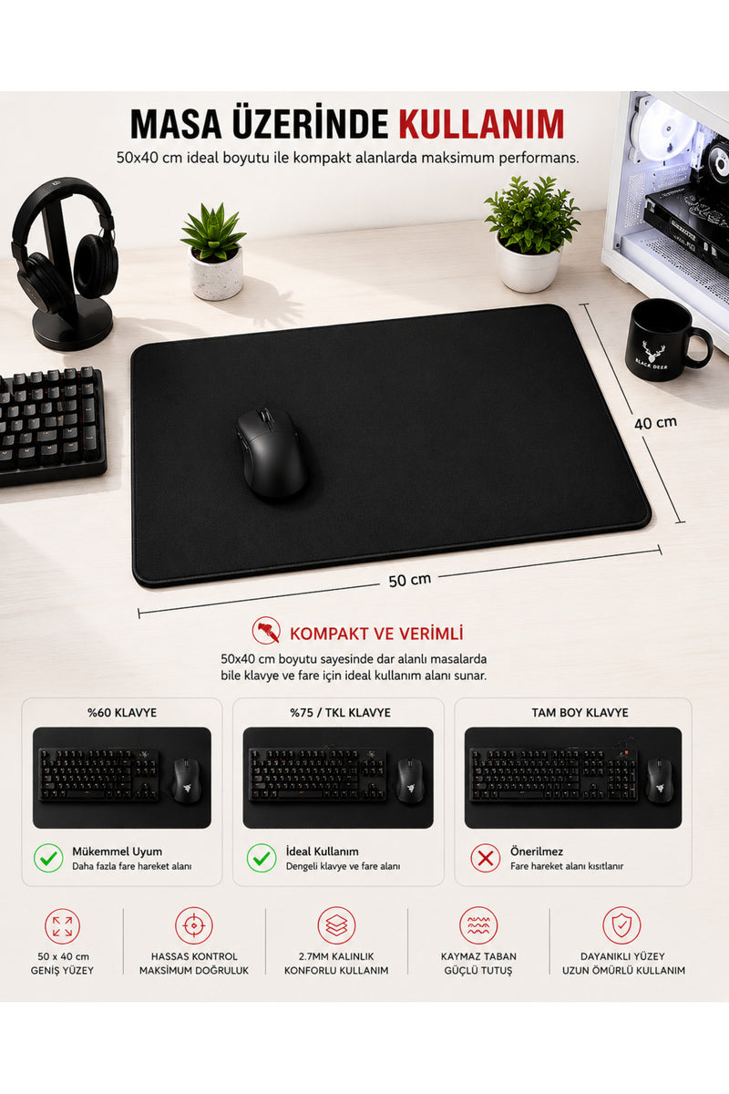 Siyah 50x40 cm Oyuncu Mouse Pad — Düz Renk, Dikişli Kenar, Kaymaz Kauçuk Taban