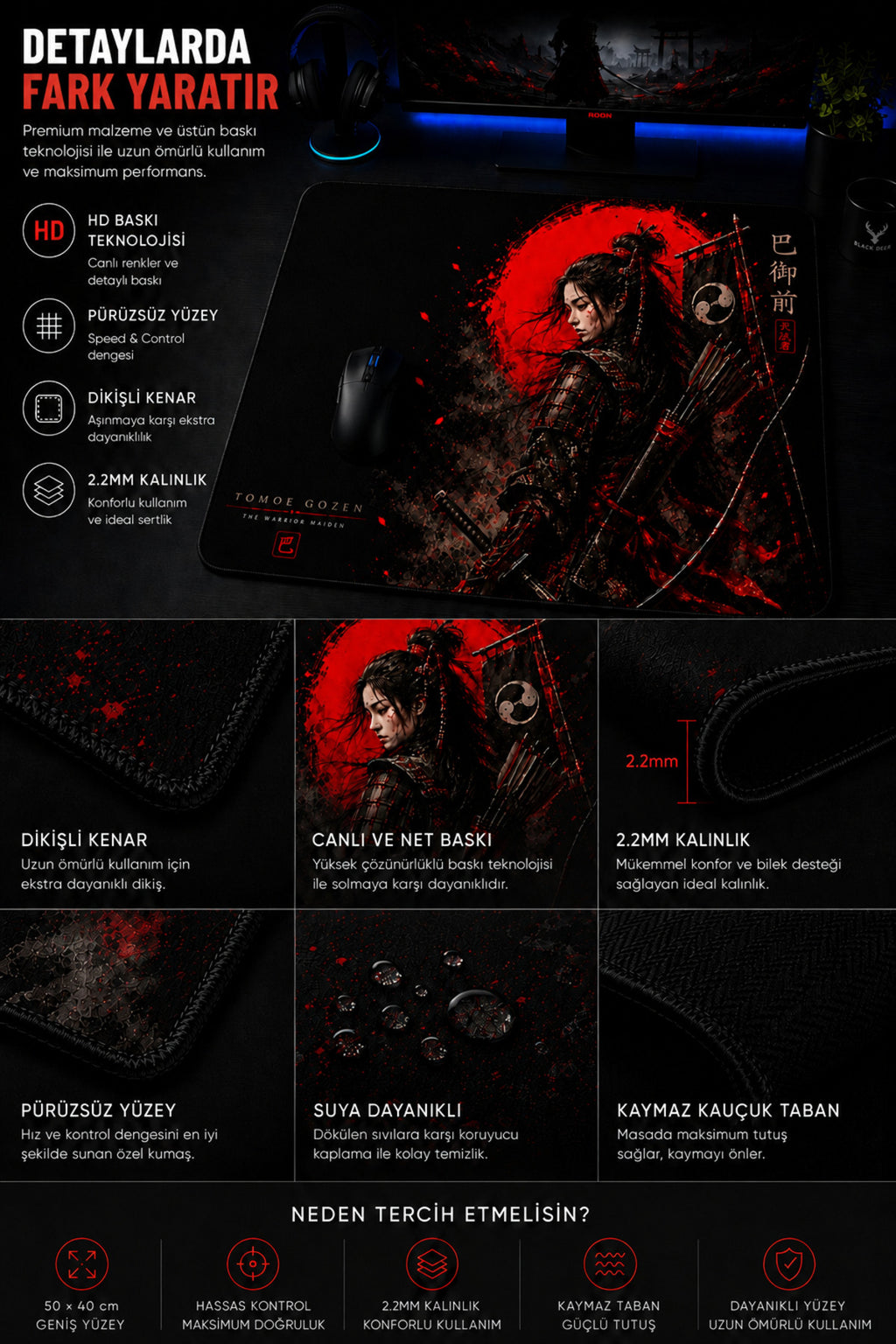 Tomoe Gozen 50x40 cm oyuncu mouse pad detay görseli 2