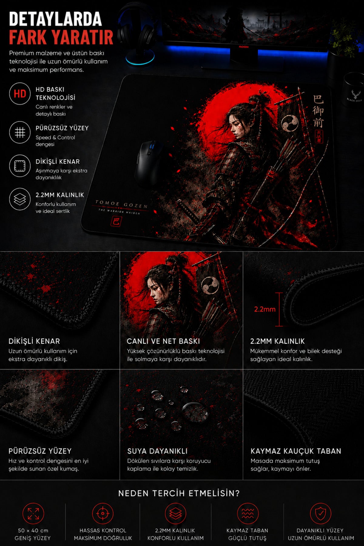 Tomoe Gozen 50x40 cm oyuncu mouse pad detay görseli 2