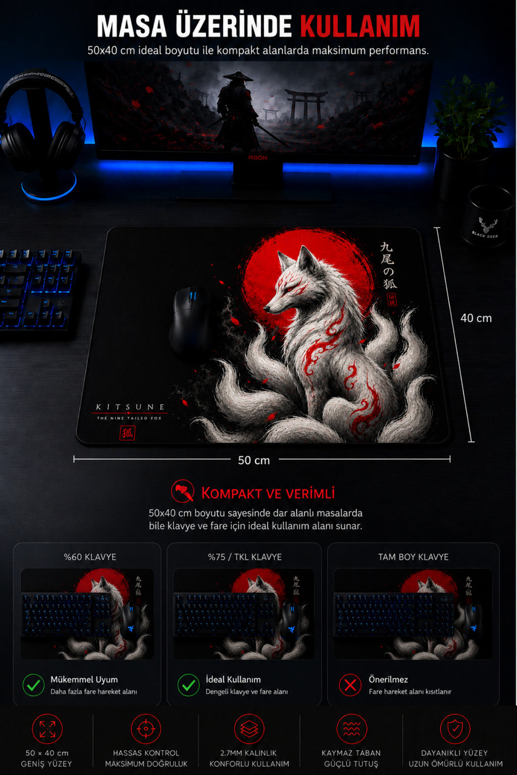 Kitsune 50x40 cm oyuncu mouse pad kullanım görseli
