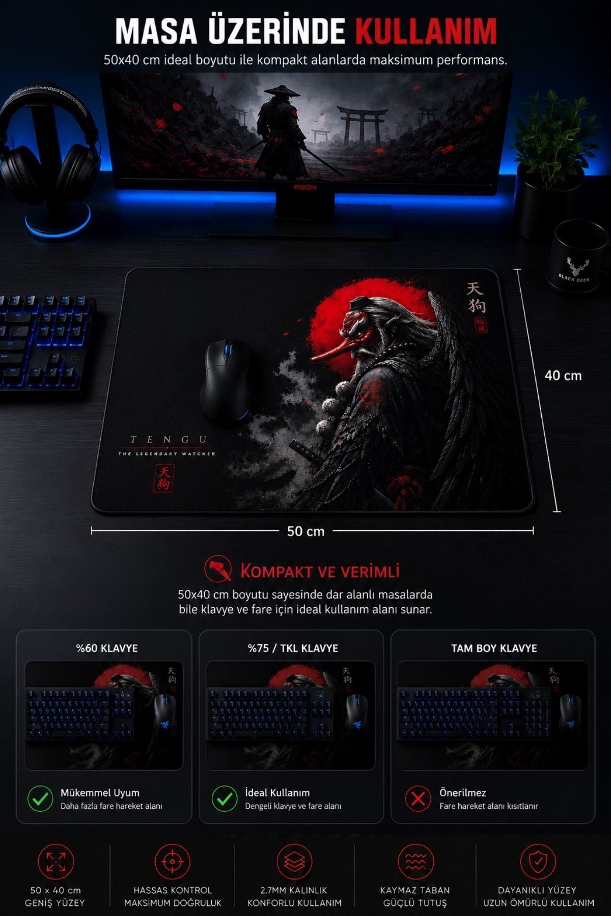 Tengu 50x40 cm oyuncu mouse pad detay görseli