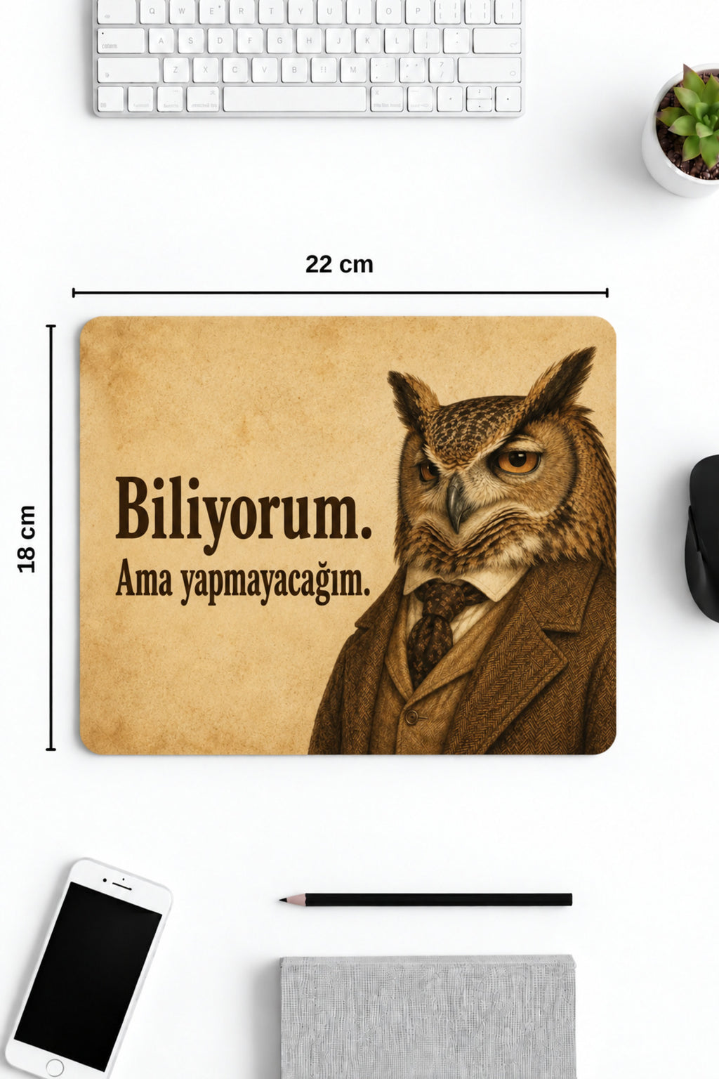 Biliyorum Ama Yapmayacağım desenli mouse pad 18x22 cm kullanım görseli