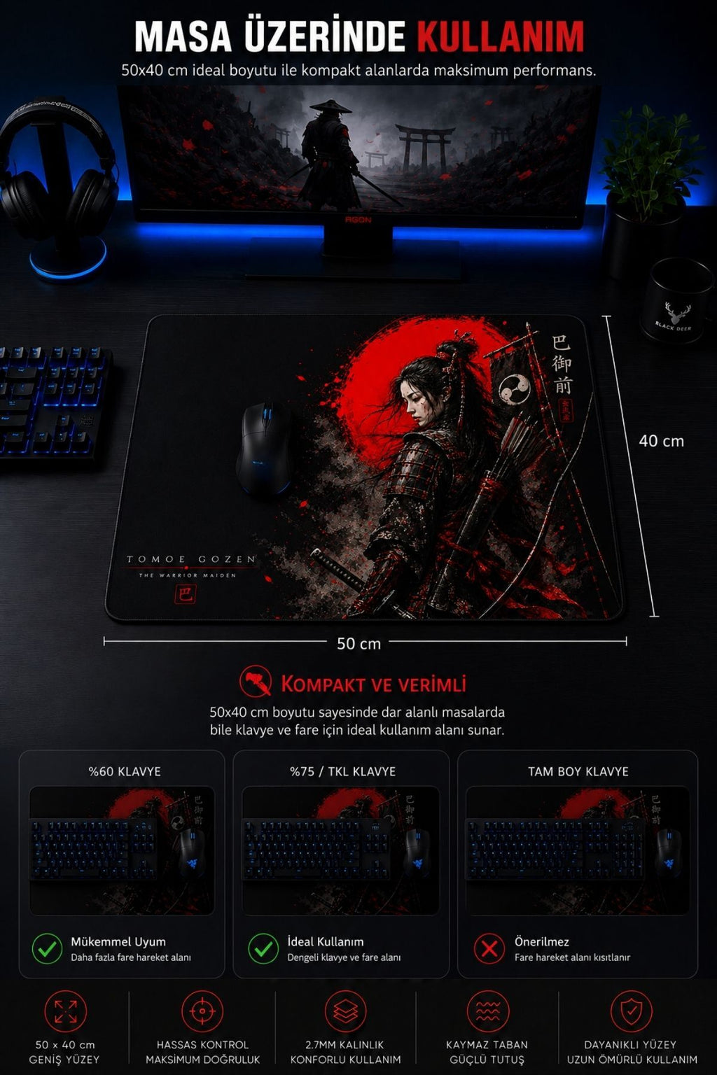 Tomoe Gozen 50x40 cm oyuncu mouse pad detay görseli