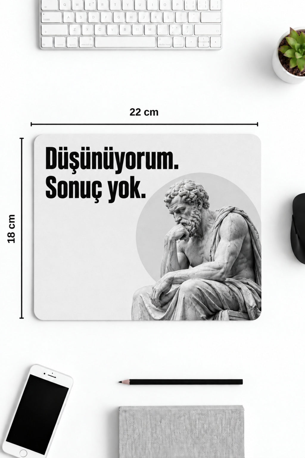Düşünüyorum Sonuç Yok desenli mouse pad 18x22 cm kullanım görseli