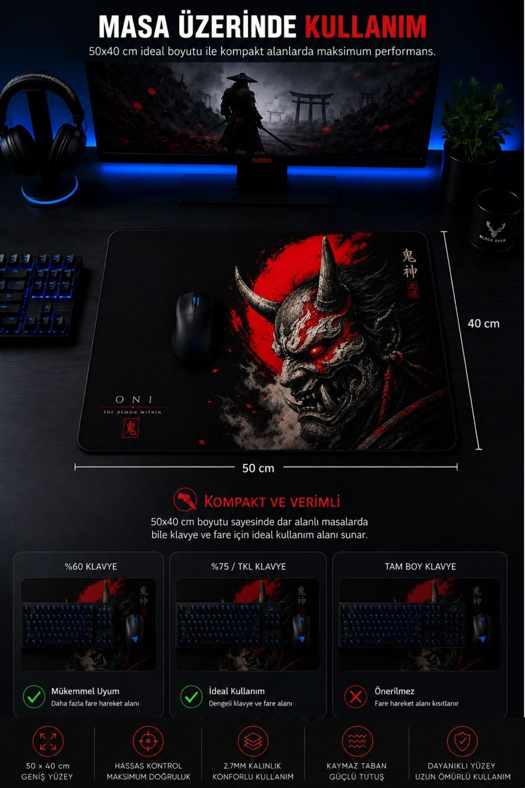 Oni 50x40 cm oyuncu mouse pad detay görseli