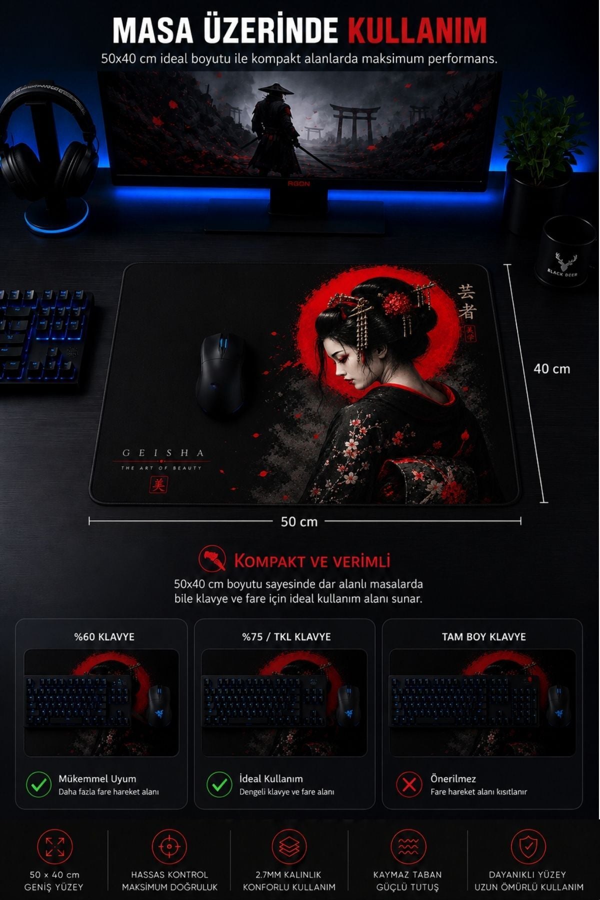 Geisha 50x40 cm oyuncu mouse pad detay görseli