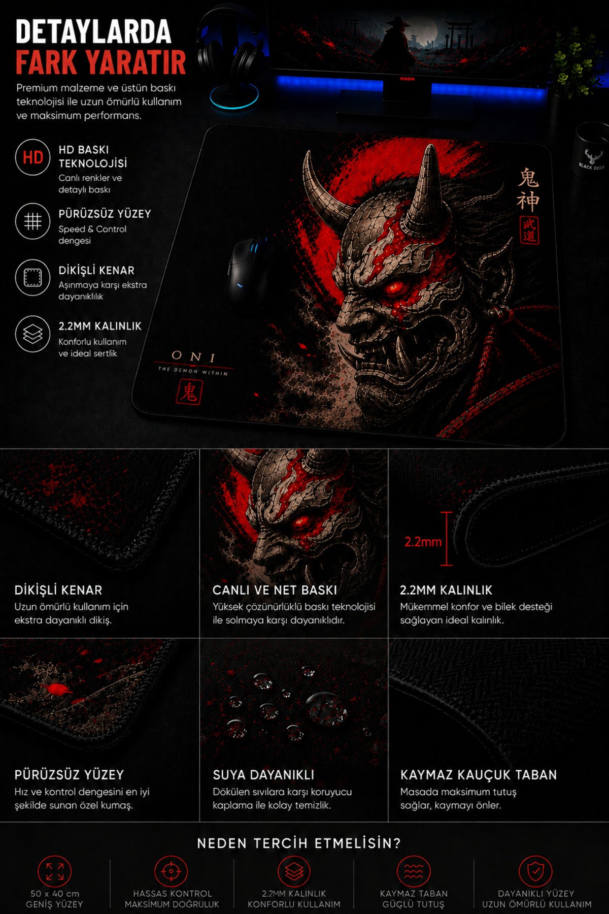 Oni 50x40 cm oyuncu mouse pad detay görseli 2