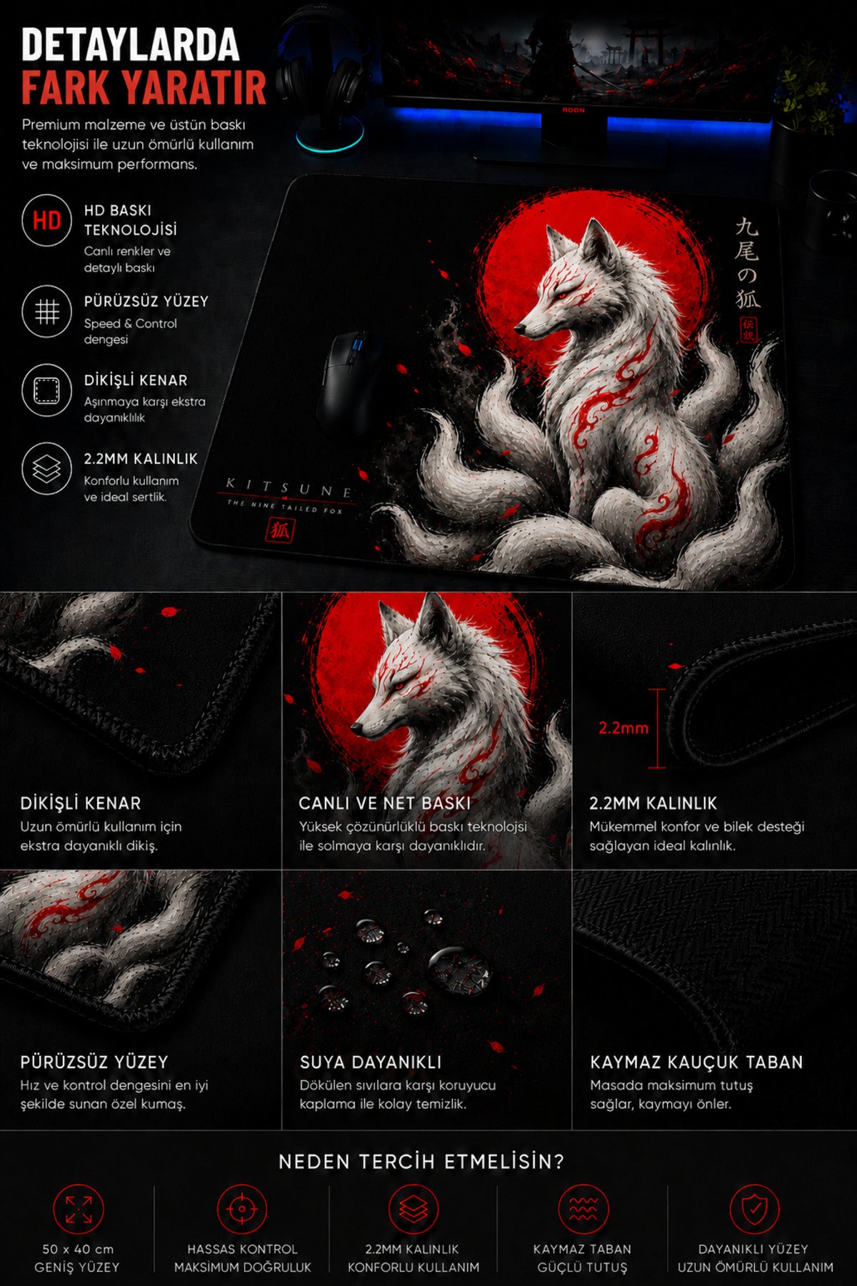Kitsune 50x40 cm oyuncu mouse pad detay görseli