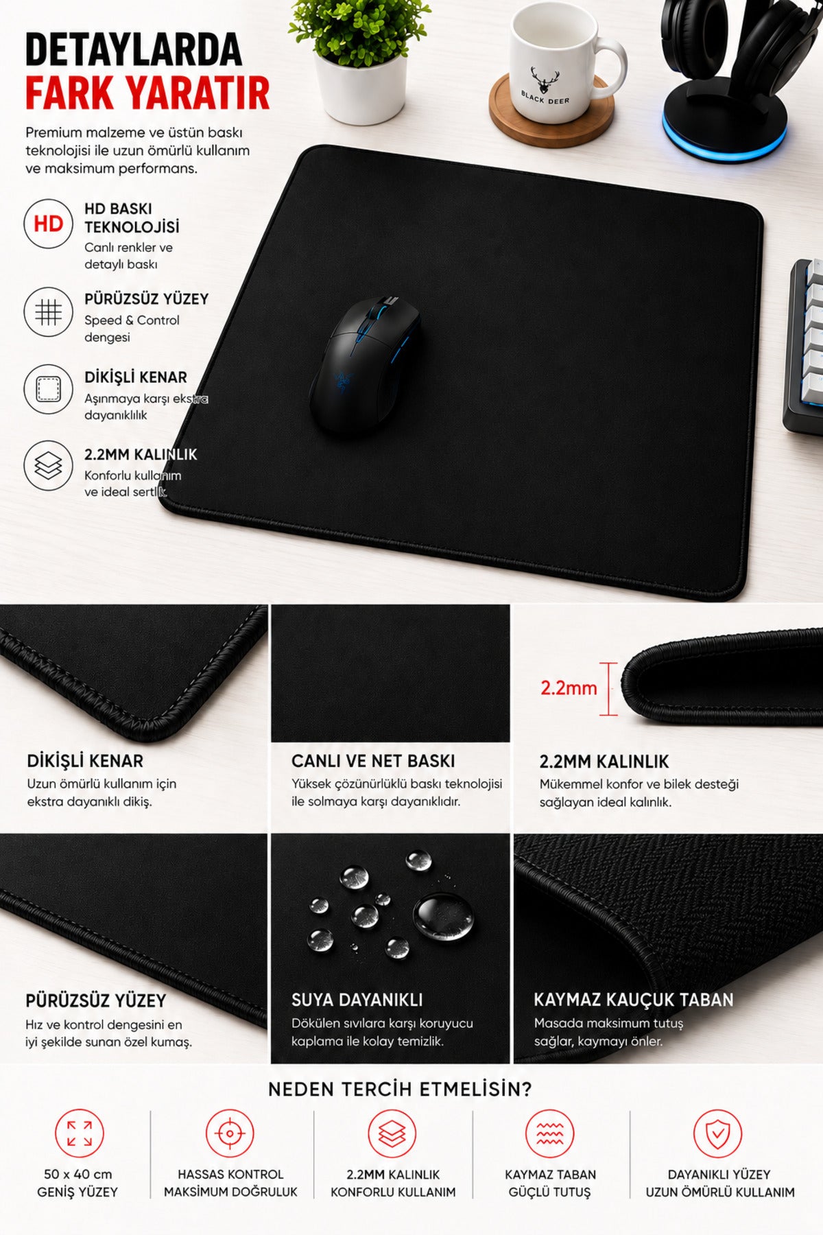Siyah 50x40 cm oyuncu mouse pad kullanım görseli