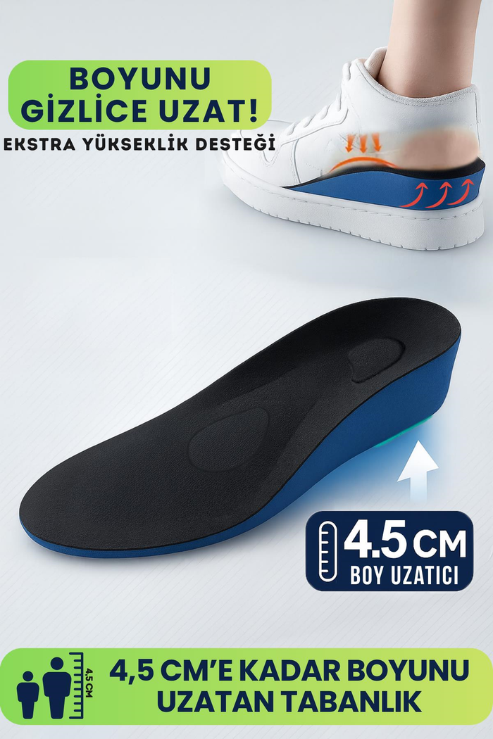 Orthotech 4 cm Boy Uzatan Tabanlık — Ark Destekli, Topuk Yuvalı Ortopedik Gizli Yükseltici (Siyah)