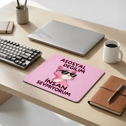 Anti Social Desenli Mouse Pad 18x22 cm — "Asosyal Değilim" Yazılı Kompakt Ofis Mousepad