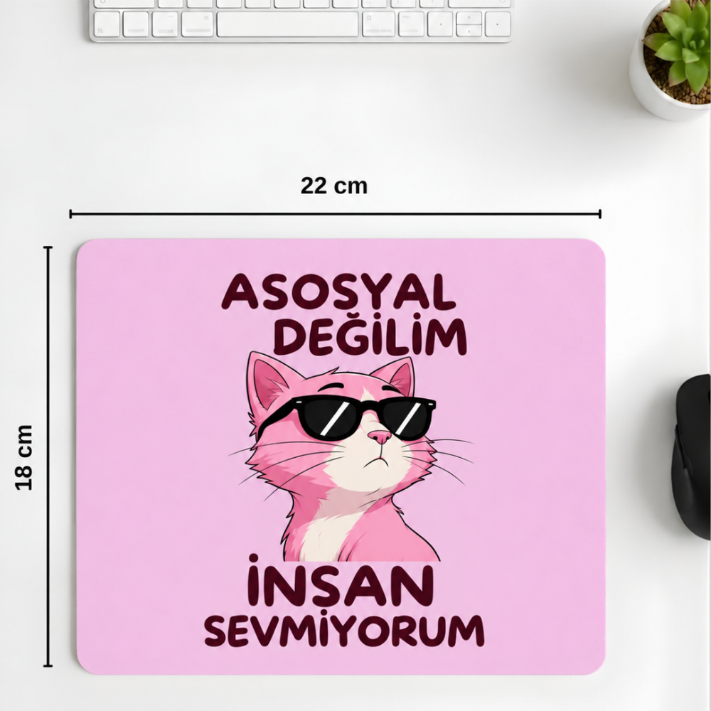Anti Social Desenli Mouse Pad 18x22 cm — "Asosyal Değilim" Yazılı Kompakt Ofis Mousepad