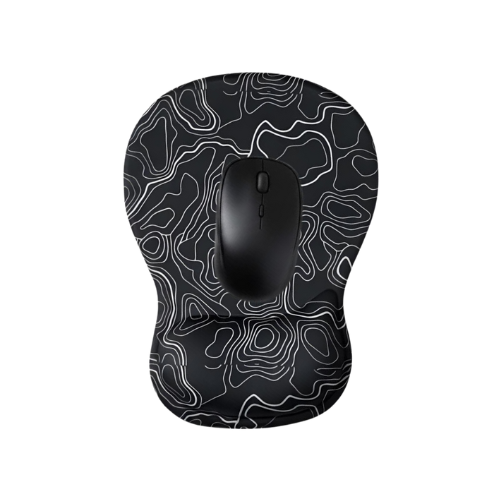 TopoWave Bilek Destekli Mouse Pad — Topografik Desenli Ergonomik Mousepad (Siyah)