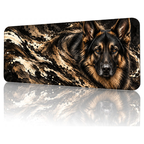 Bekçi Alman Kurdu desenli 90x40 gaming mouse pad, siyah-krem tonlarında Alman Kurdu, açılı görünüm ve dikişli kenar detayı