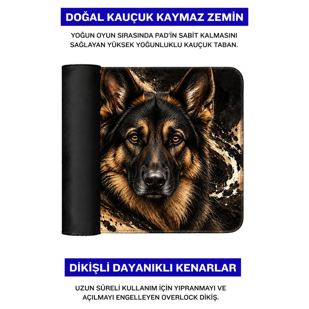 Bekçi Alman Kurdu desenli mouse pad doğal kauçuk kaymaz taban ve dikişli kenar detayı