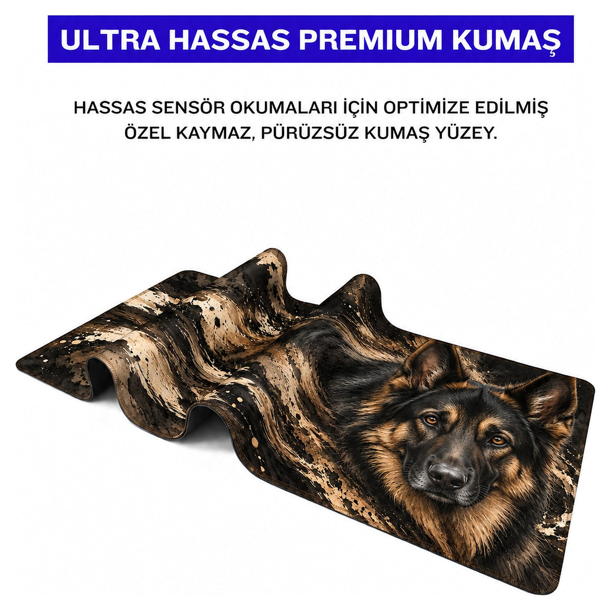 Bekçi Alman Kurdu desenli mouse pad kumaş yüzeyi, esnek yapı ve süblimasyon baskı detayı