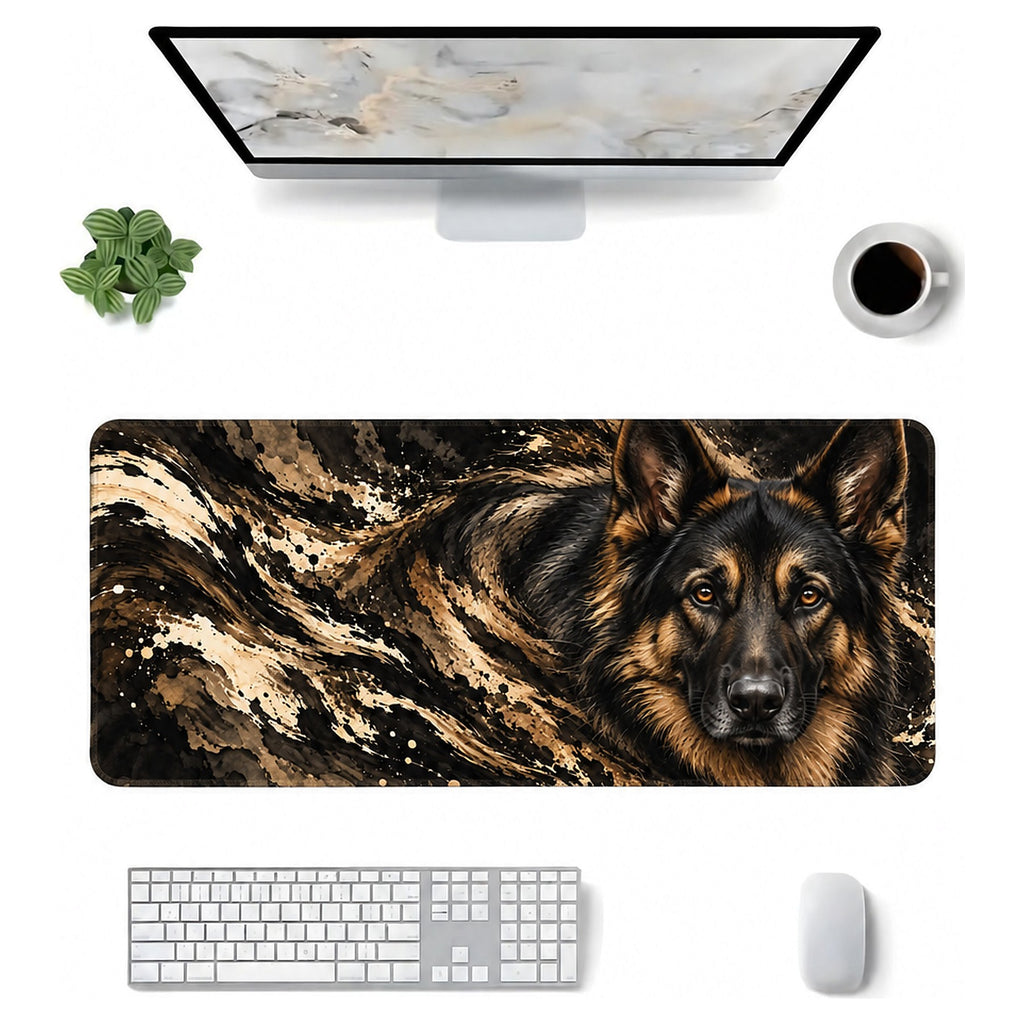Bekçi Alman Kurdu desenli 90x40 mouse pad, klavye, mouse ve monitörle üstten masa düzeni