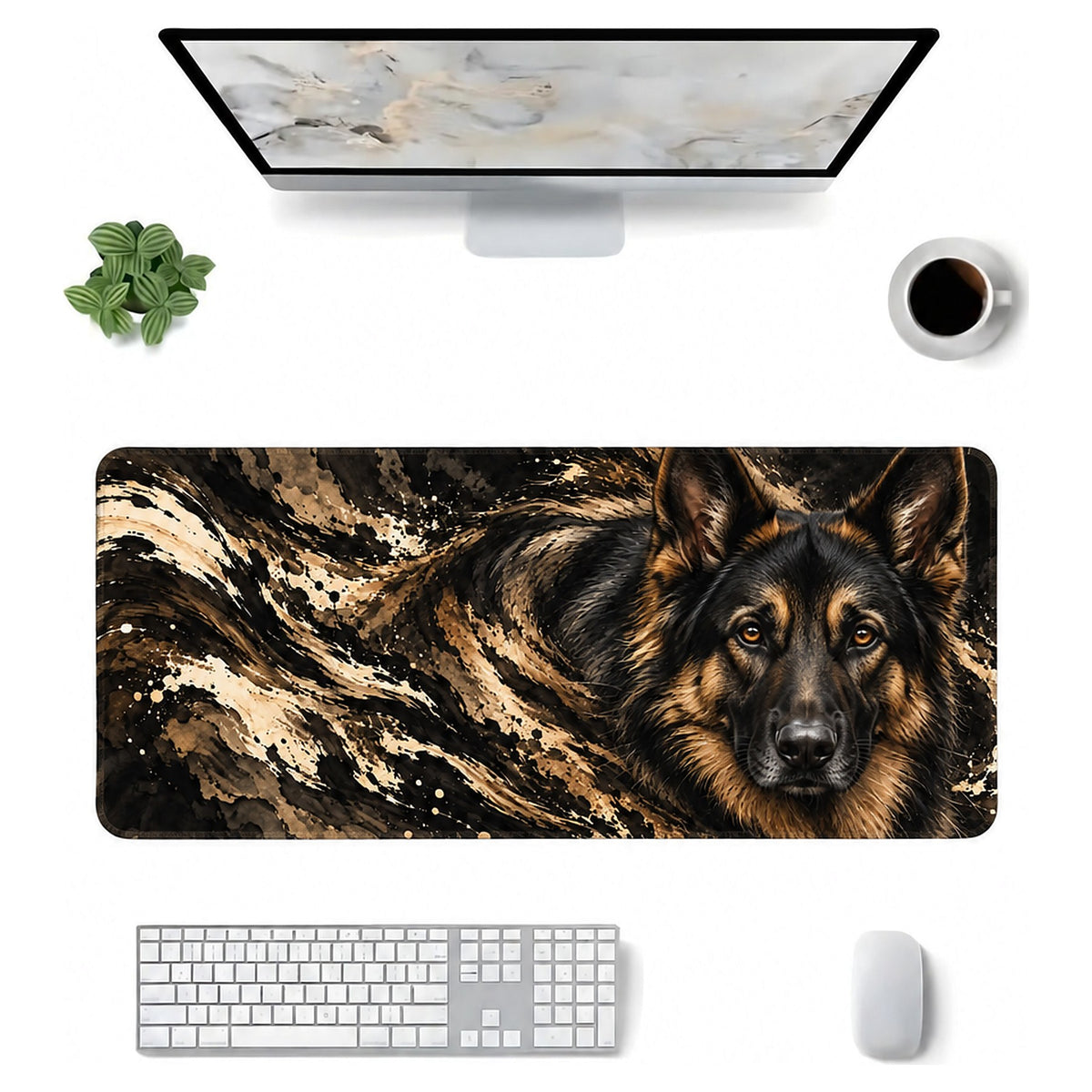 Bekçi Alman Kurdu desenli 90x40 mouse pad, klavye, mouse ve monitörle üstten masa düzeni