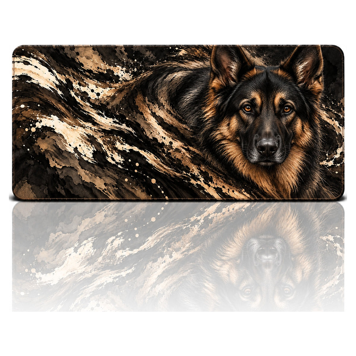 Bekçi Alman Kurdu desenli 90x40 oyuncu mouse pad, siyah-krem tonlarında Alman Kurdu, önden görünüm