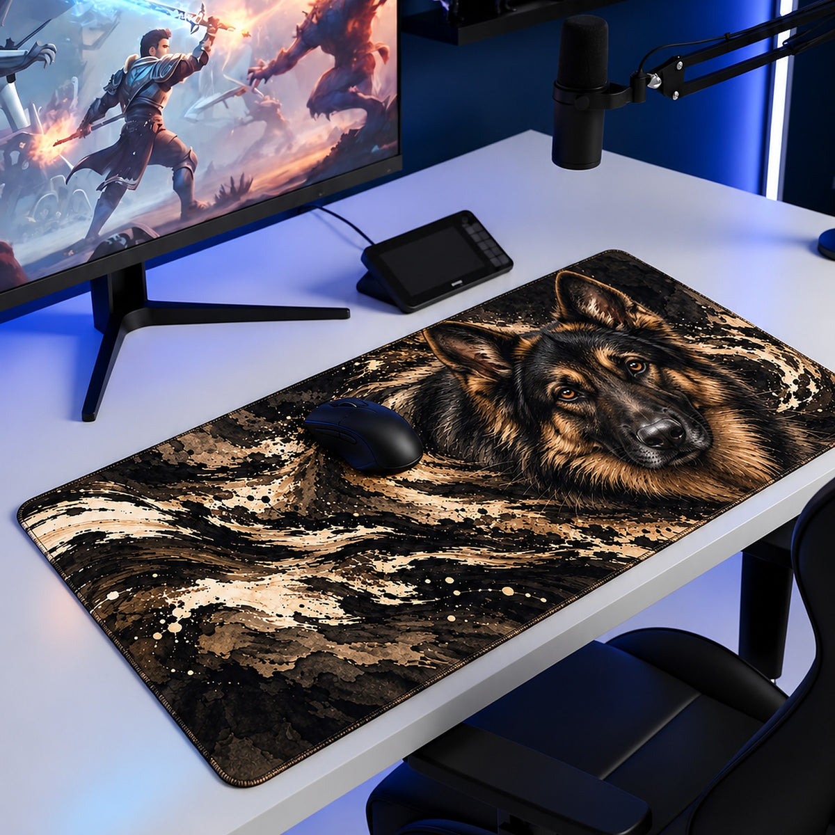 Bekçi Alman Kurdu desenli 90x40 oyuncu mouse pad, oyun masasında monitör ve mouse ile kullanım