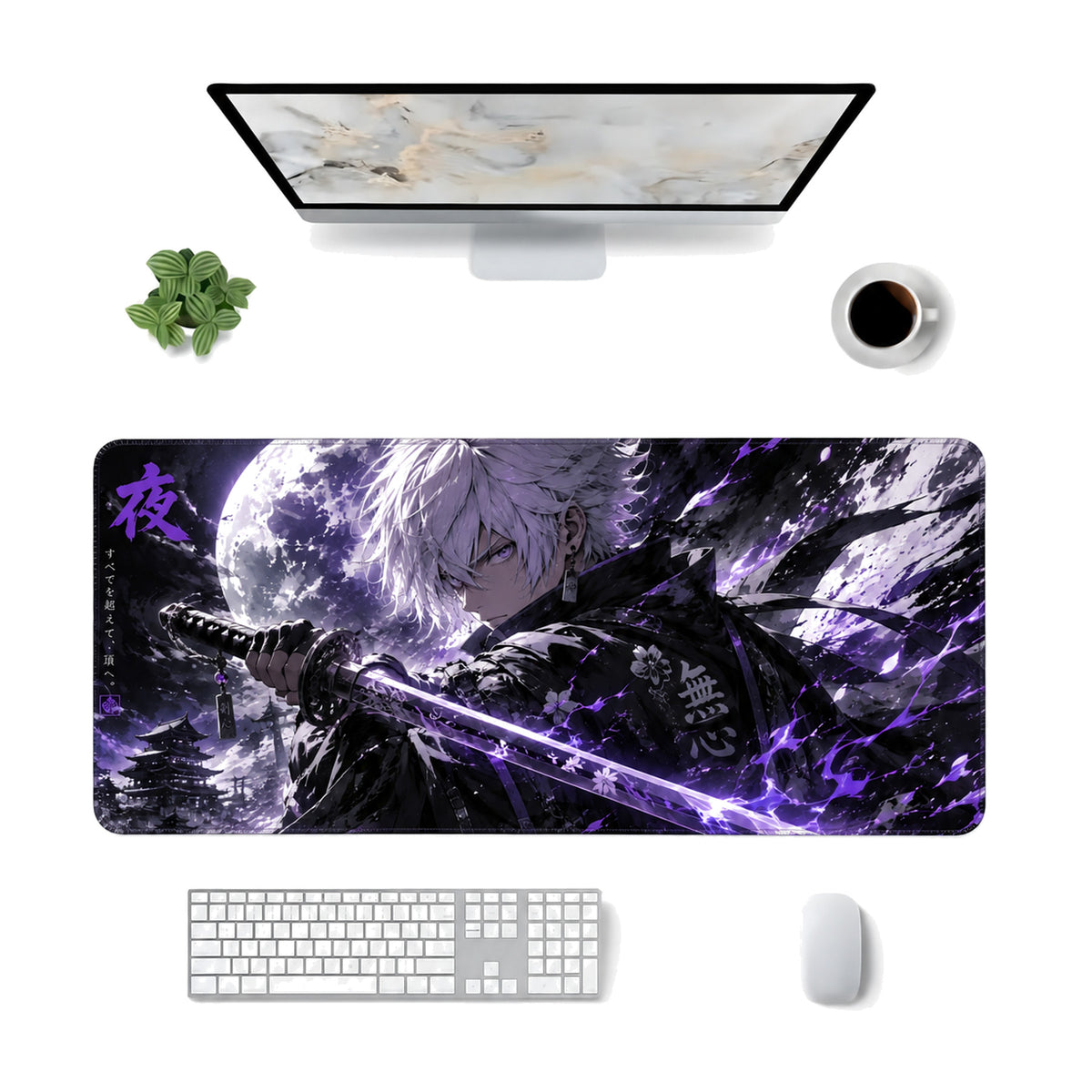 Gece Samurayı anime oyuncu mouse pad – masa üstü kullanım görünümü