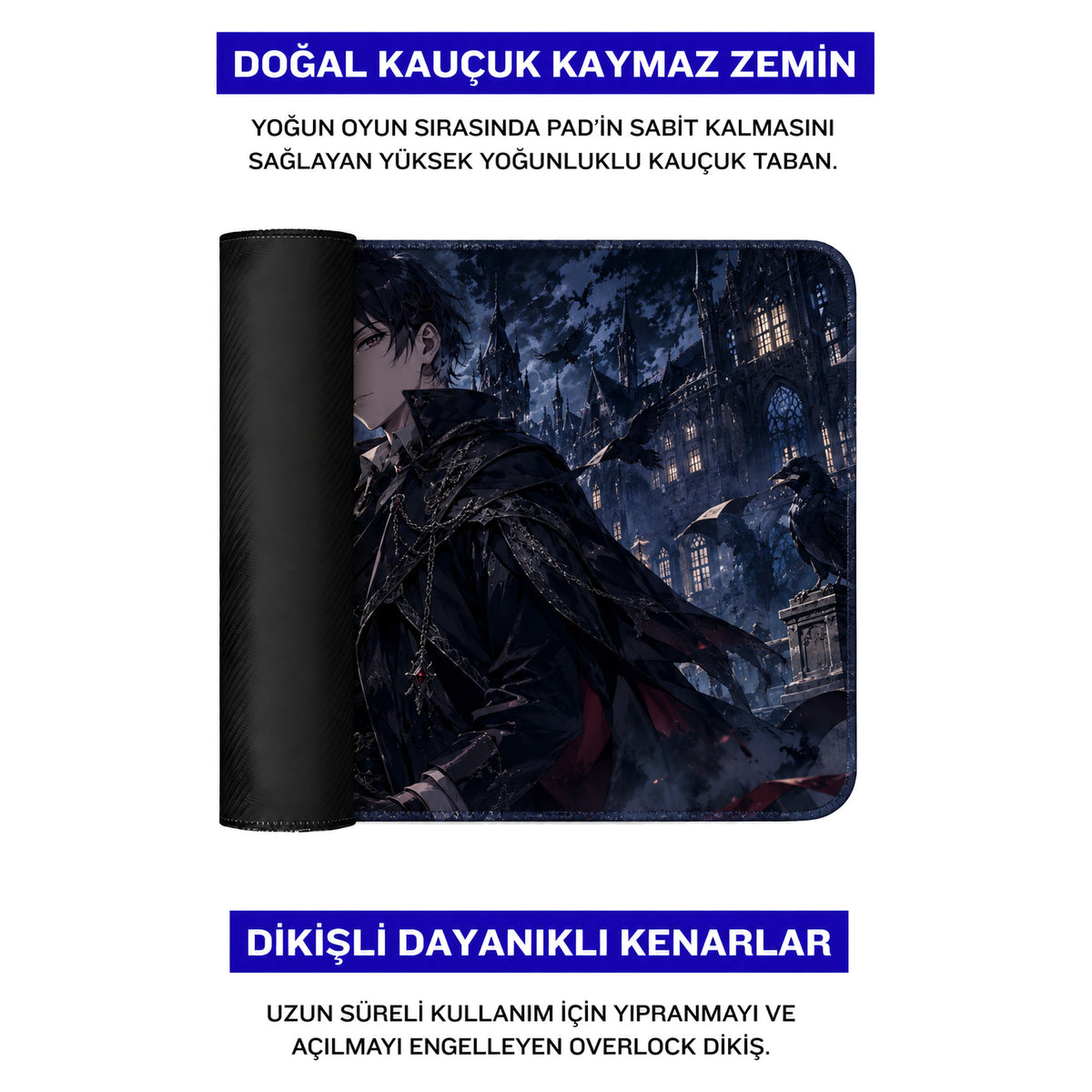 Gotik Kuzgun anime oyuncu mouse pad – doğal kauçuk kaymaz taban