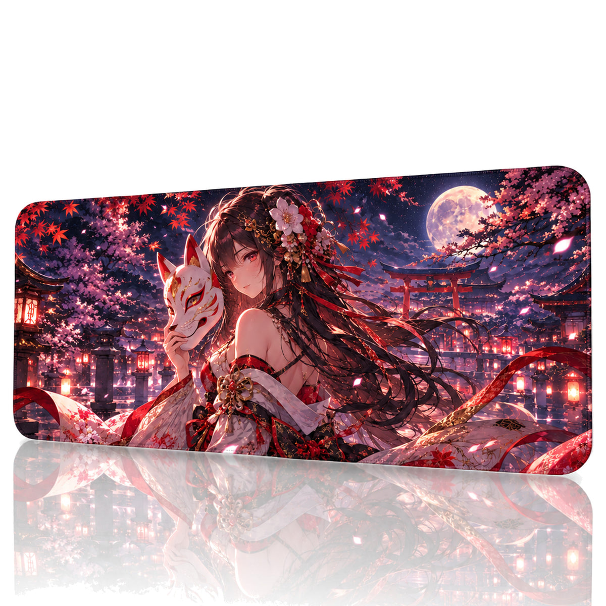 Kitsune Maske anime oyuncu mouse pad – beyaz fon önden görünüm