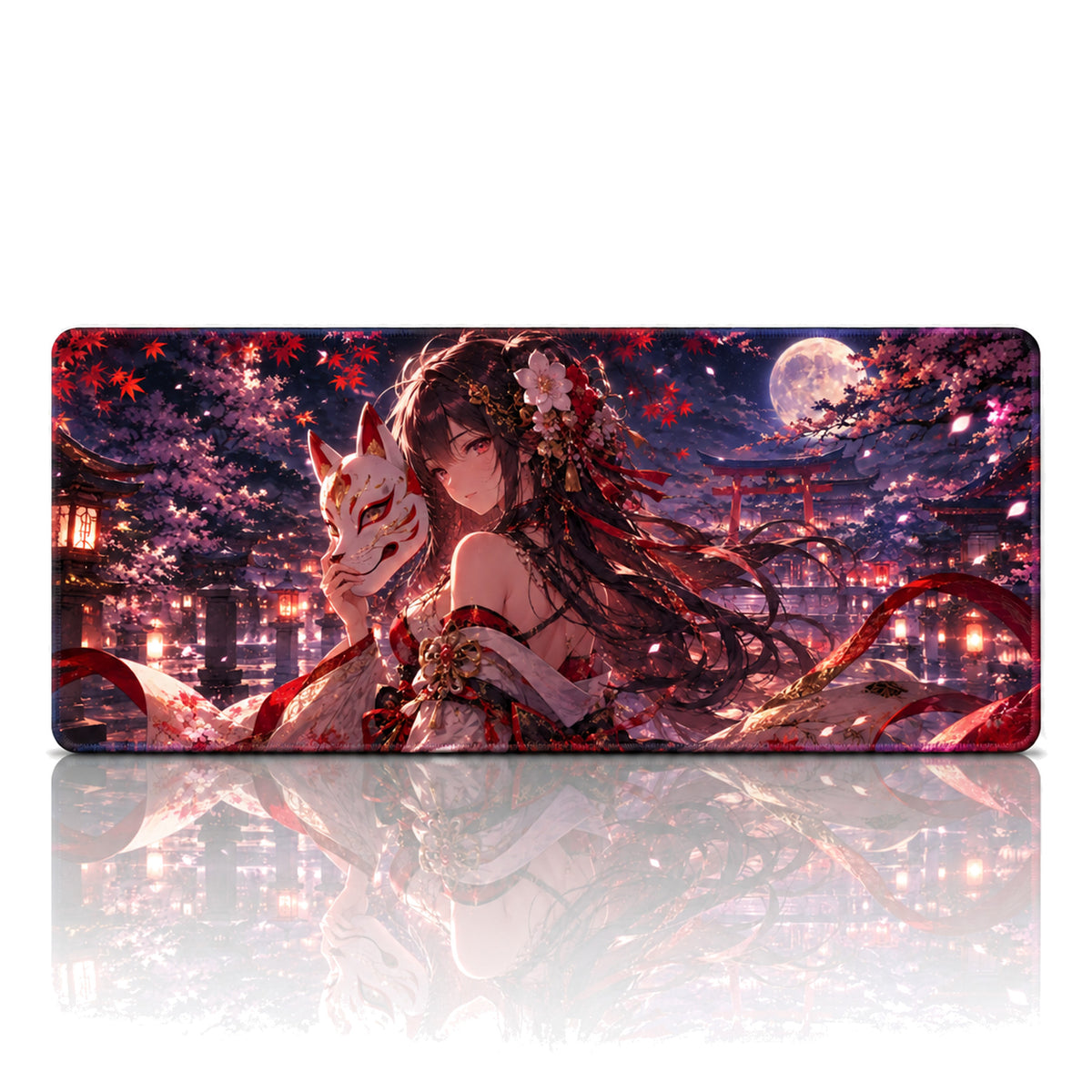 Kitsune Maske anime oyuncu mouse pad – beyaz fon düz görünüm