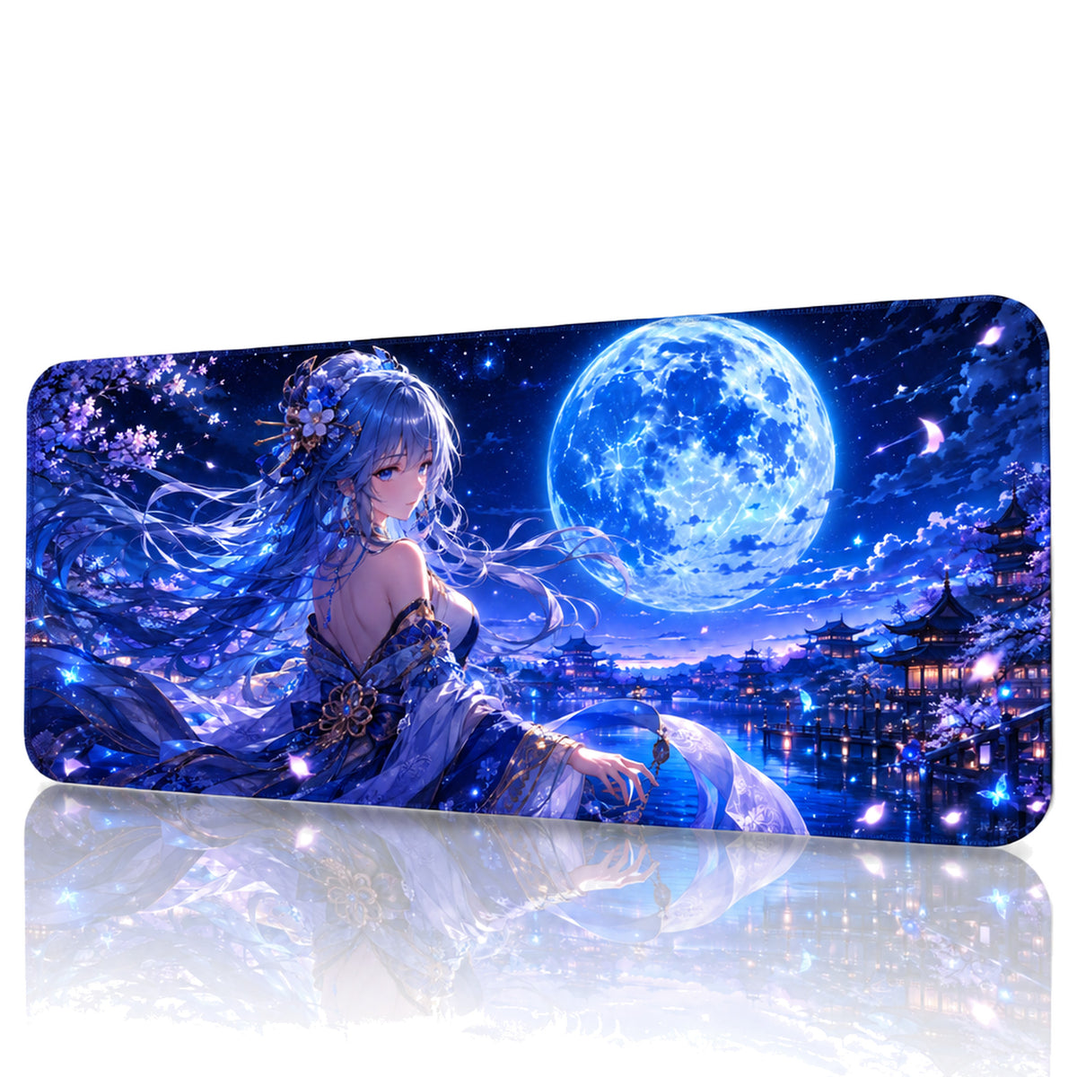 Mavi Dolunay anime oyuncu mouse pad – beyaz fon önden görünüm