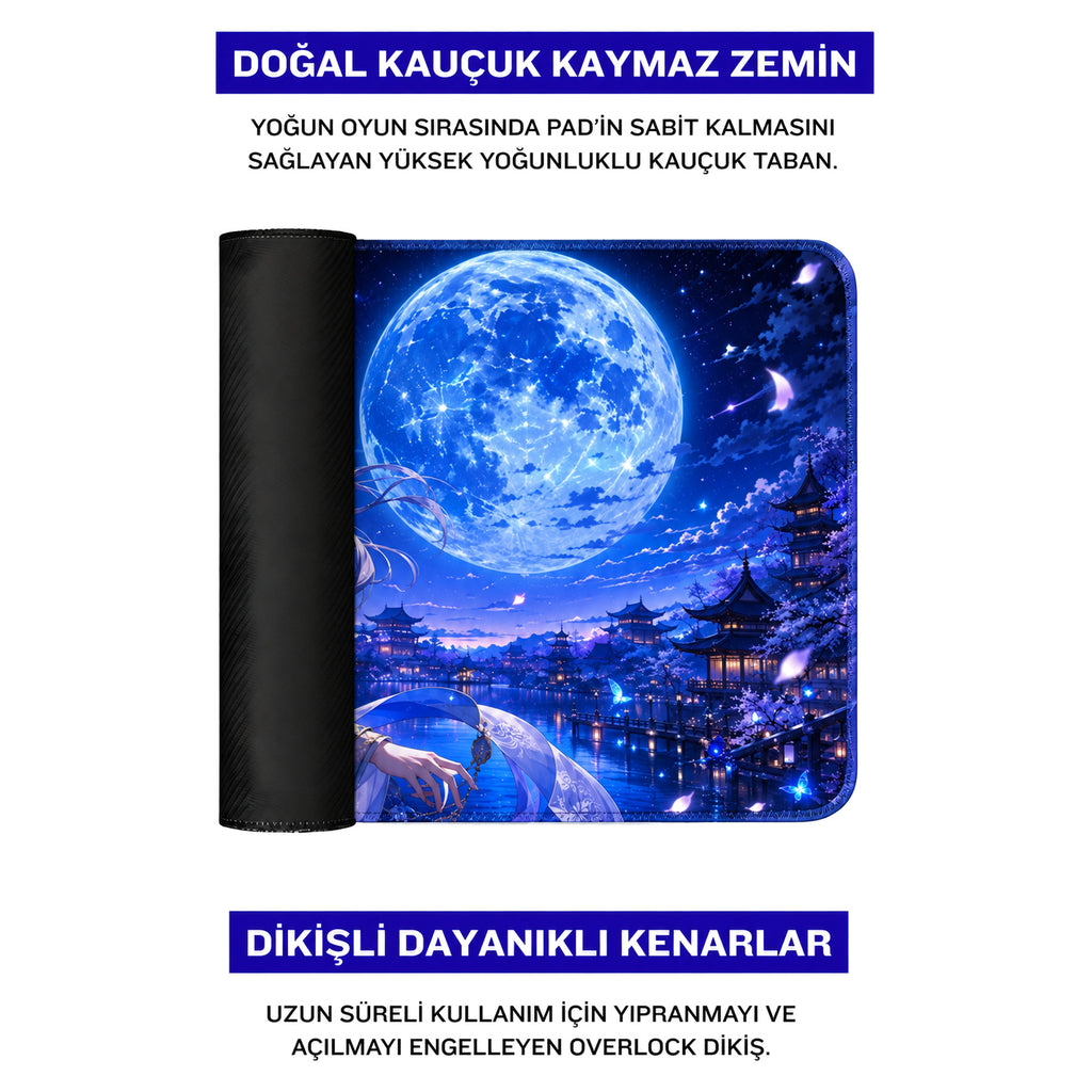 Mavi Dolunay anime oyuncu mouse pad – doğal kauçuk kaymaz taban