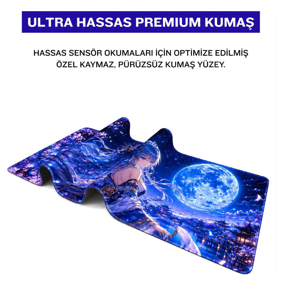 Mavi Dolunay anime oyuncu mouse pad – premium kumaş yüzey