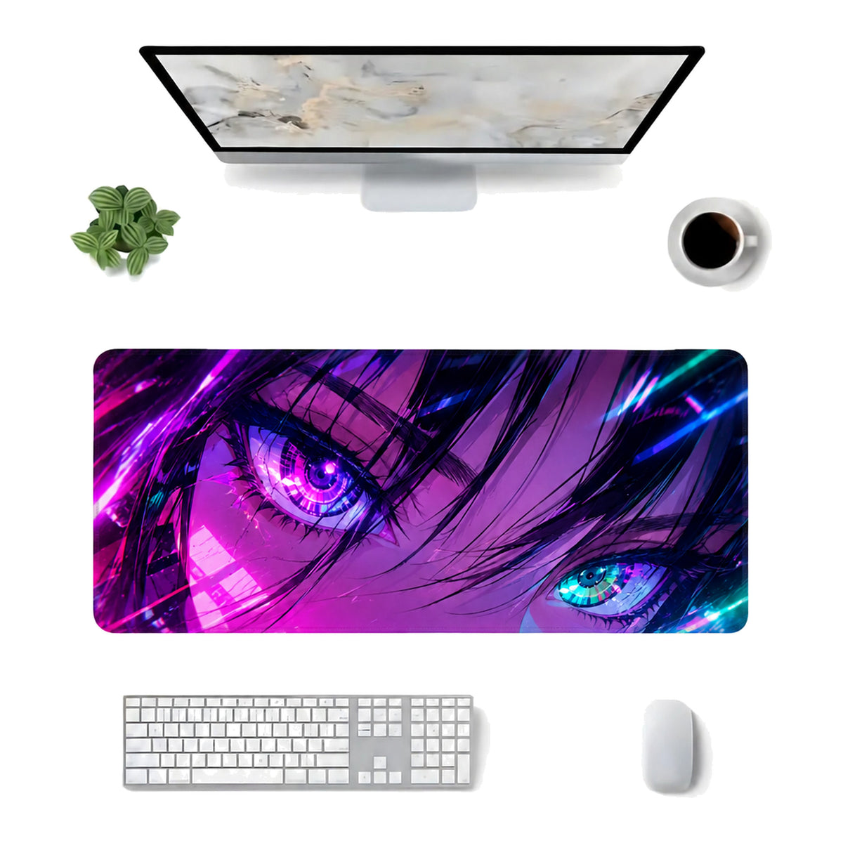 Neon Gözler anime oyuncu mouse pad – masa üstü kullanım görünümü